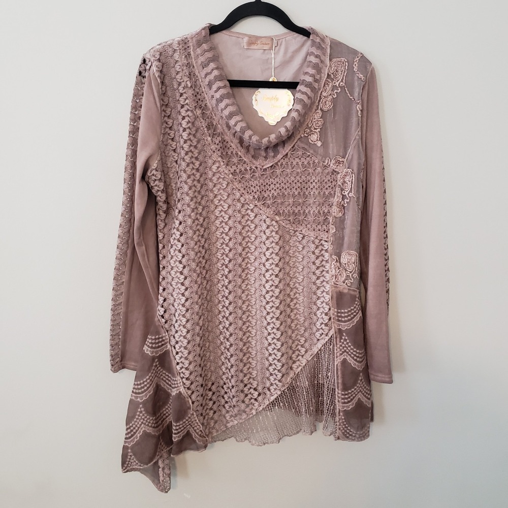Simply Couture Boho Tunic Top XL Fairy Embroidered Lace Cowl Neck Asymmetric